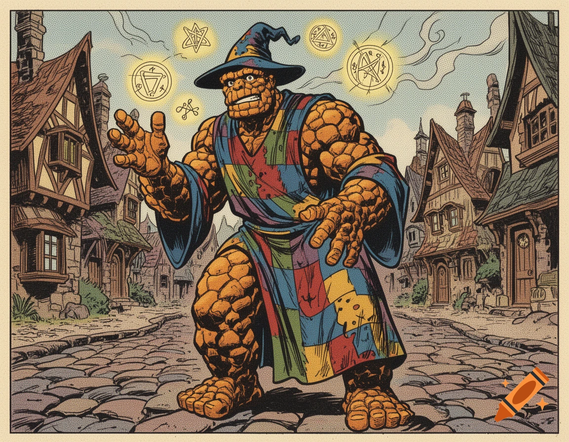 The Thing from Marvel Comics dressed as a wizard, casting spells with glowing symbols, in an old village street in comic art style.