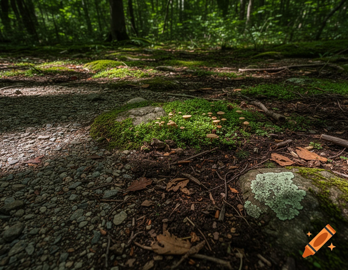 A forest floor with a gravel path, mossy ground, and small mushrooms, dappled in sunlight.