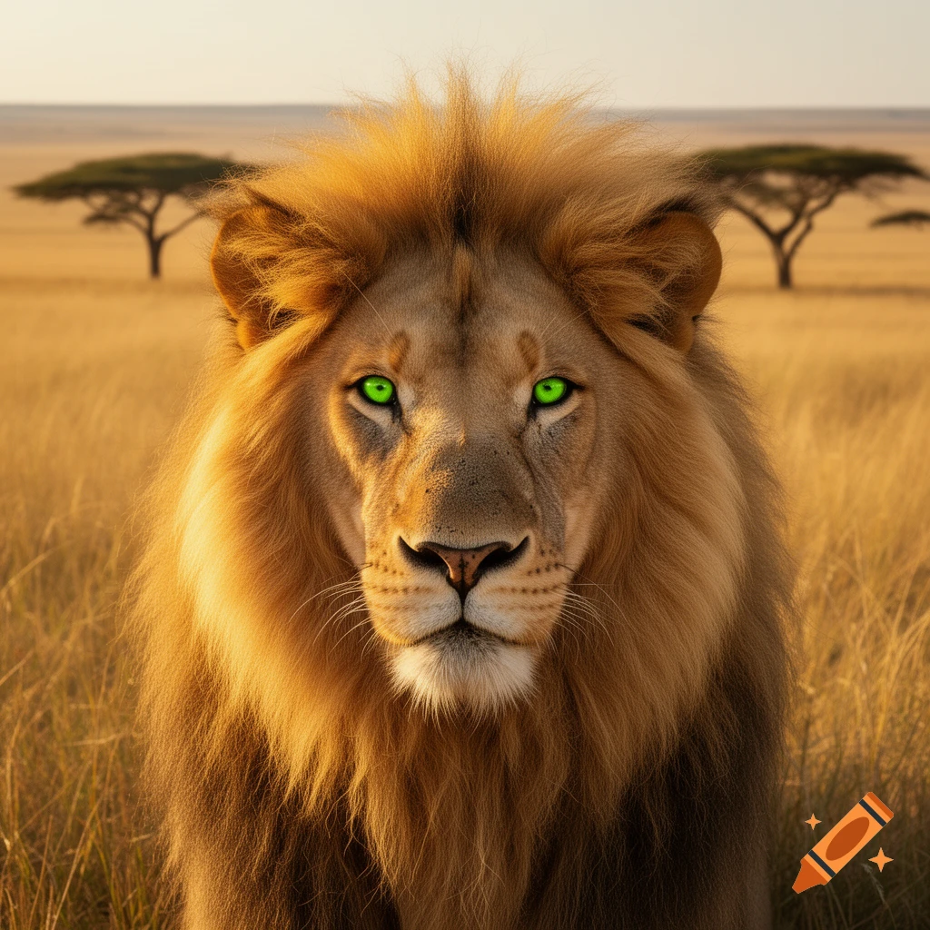 Close-up of a majestic lion with striking green eyes in a sunlit savanna with acacia trees.