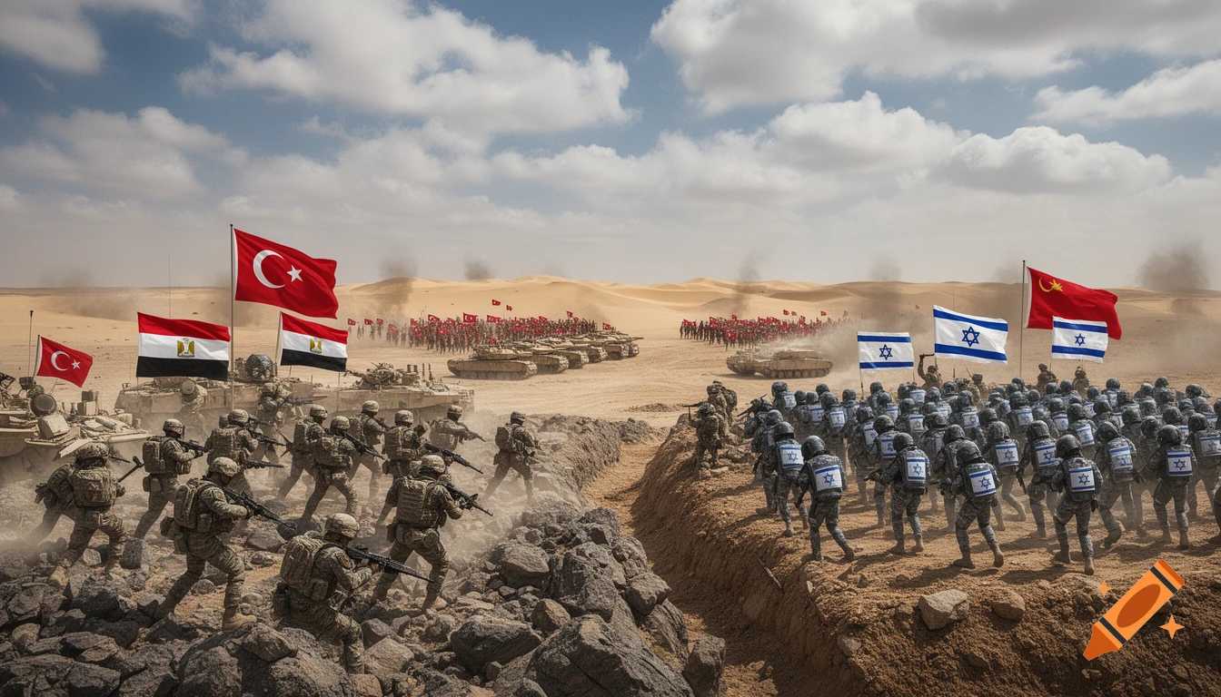 An army of Turkish and Egyptian soldiers and tanks face an army of Israeli soldiers and tanks in a desert battlefield under a cloudy sky. Various national flags are waving.