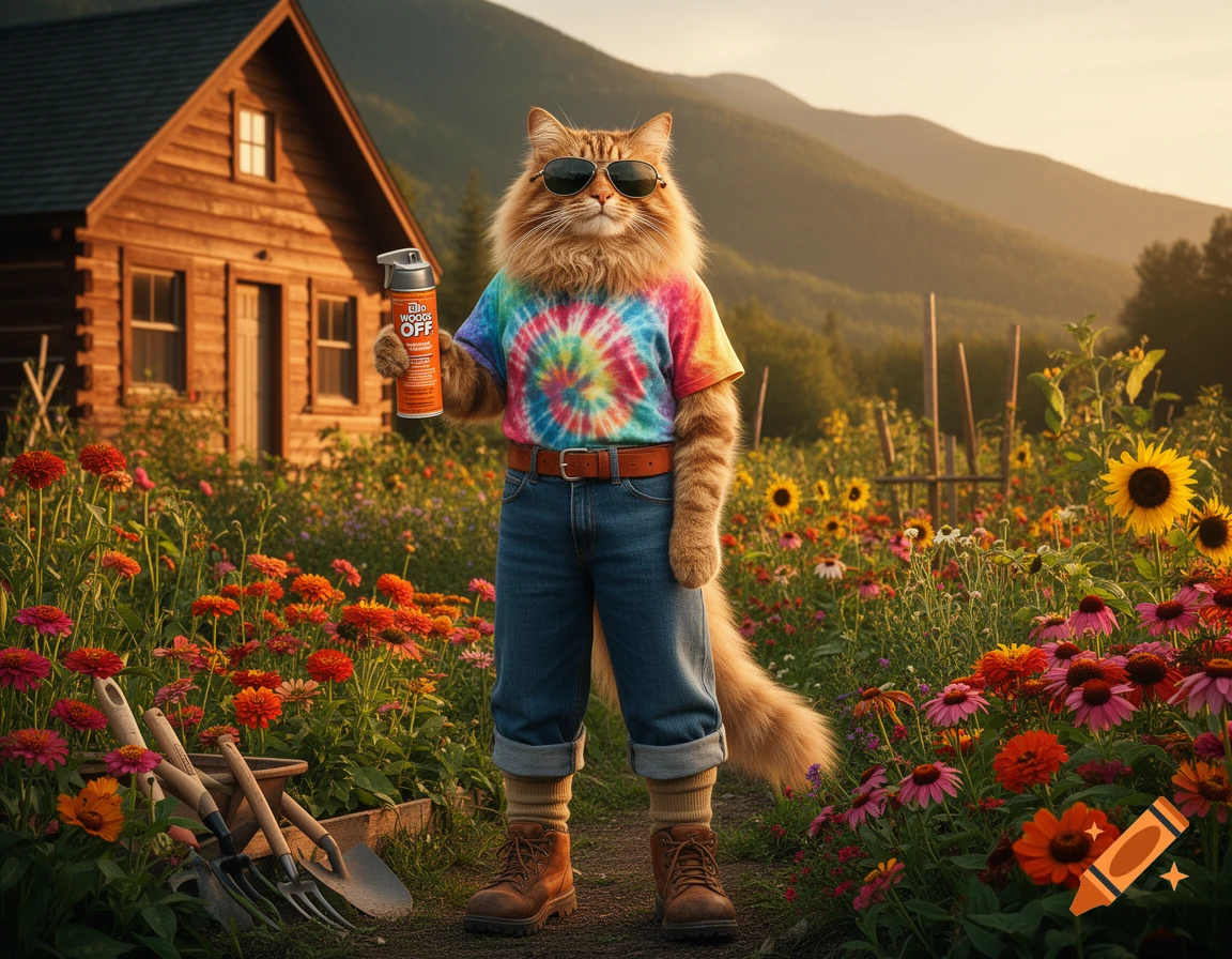 A fluffy ginger tabby cat, dressed in a tie-dye shirt, jeans, and boots, stands in a vibrant flower garden holding bug spray, with a wooden cabin and mountains in the background.