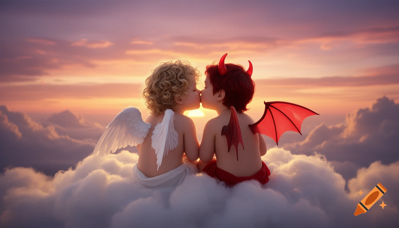 Two cherubic figures, one angel and one devil, sit on a cloud kissing at a vibrant sunset.