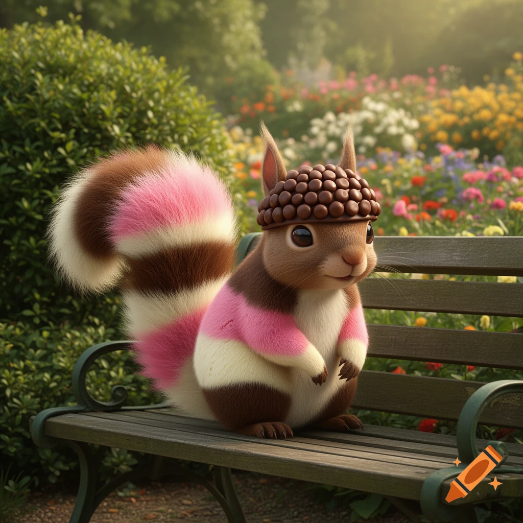 A cute, stylized squirrel resembling Neapolitan ice cream, wearing a chocolate acorn hat, sits on a park bench in a flower garden.