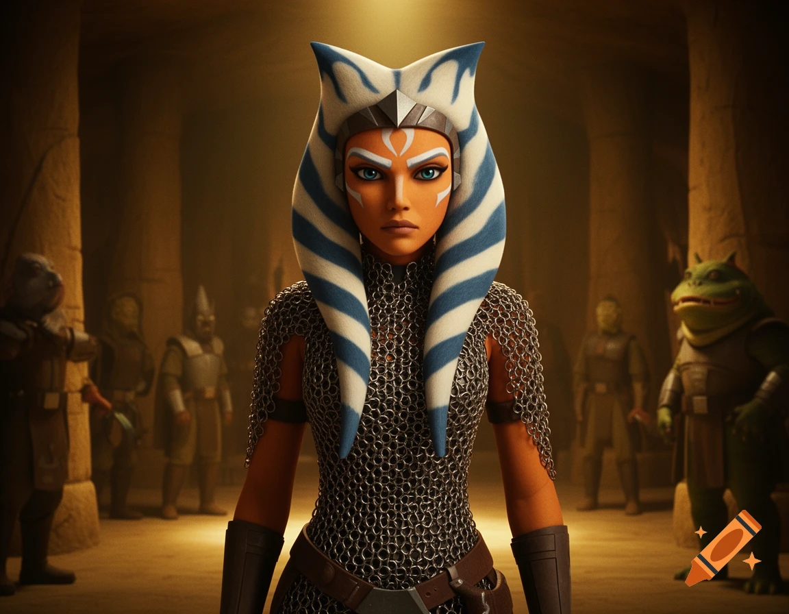 Ahsoka Tano with orange skin and blue and white head-tails, wearing silver chainmail and dark gauntlets, stands in a dim, ancient stone hall with blurred alien figures.