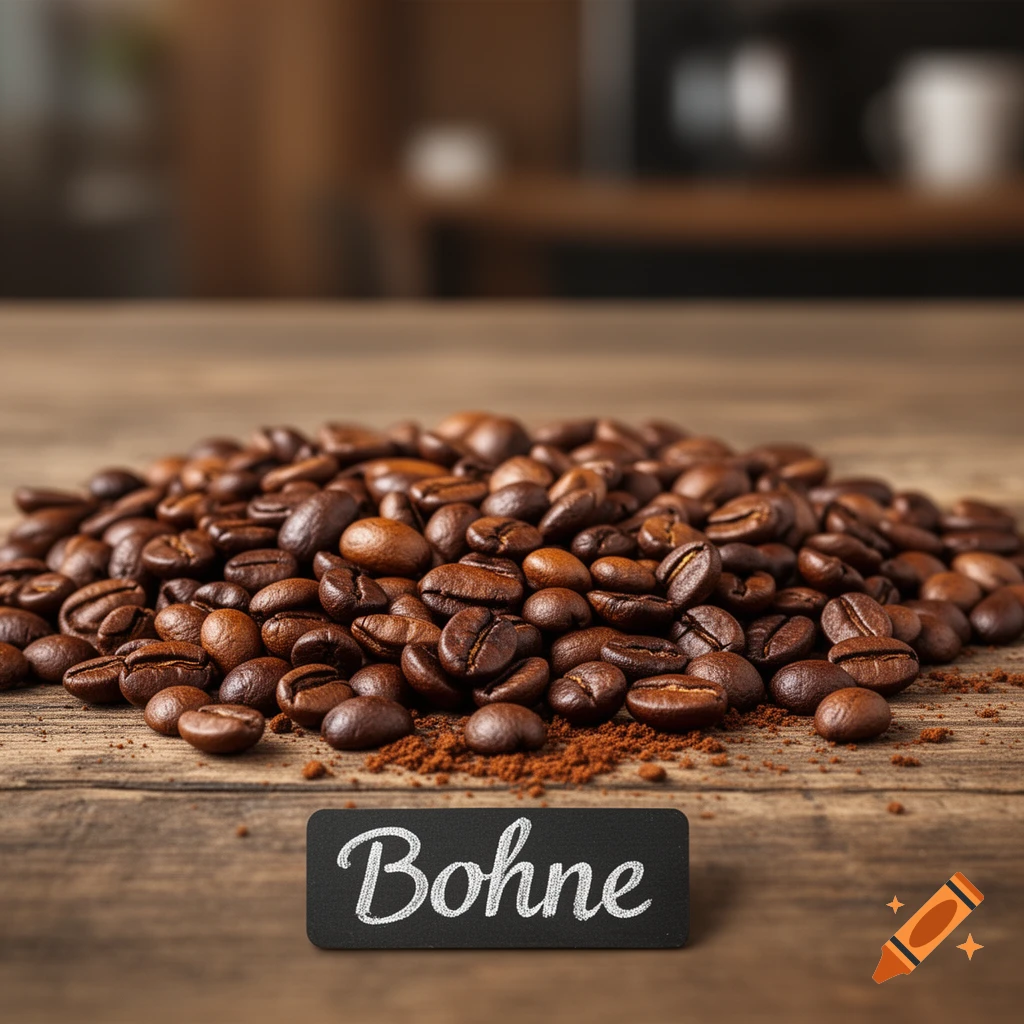 A close-up of roasted coffee beans and ground coffee on a rustic wooden table, with a small chalkboard sign reading "Bohne".