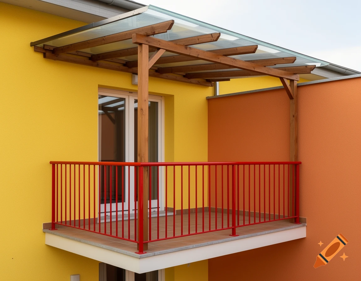 A modern balcony with a red railing against a yellow and orange building, topped with a wooden pergola and glass roof.