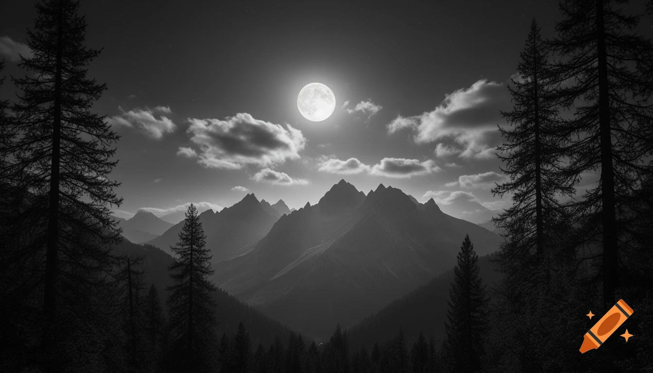 A black and white photorealistic landscape of a full moon shining over a mountain range, framed by dark pine trees.