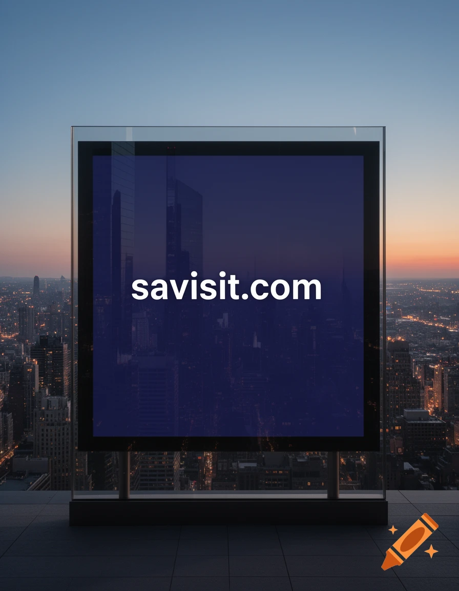 A digital billboard displaying "savisit.com" against a dusk city skyline.