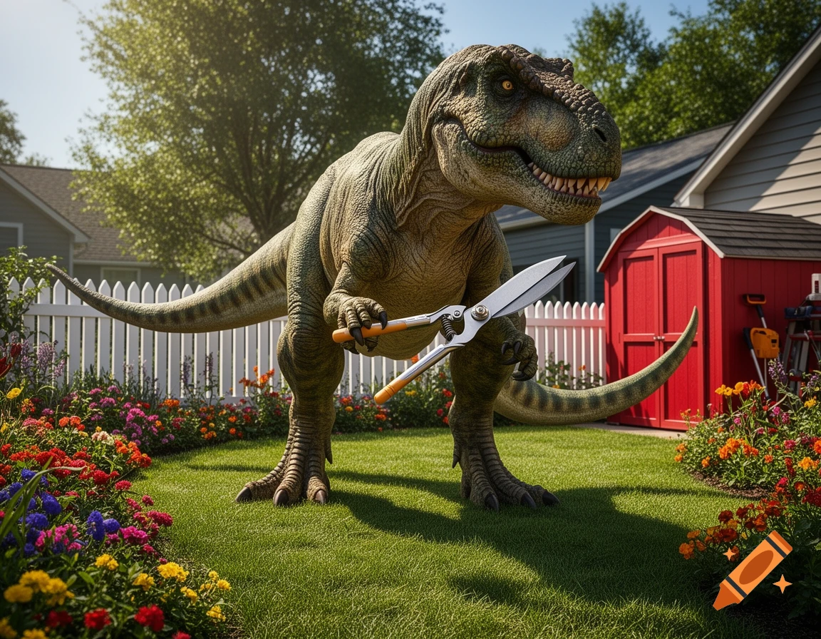 A giant photorealistic T-Rex holds large pruning shears in a colorful suburban backyard with flowers and a red shed.