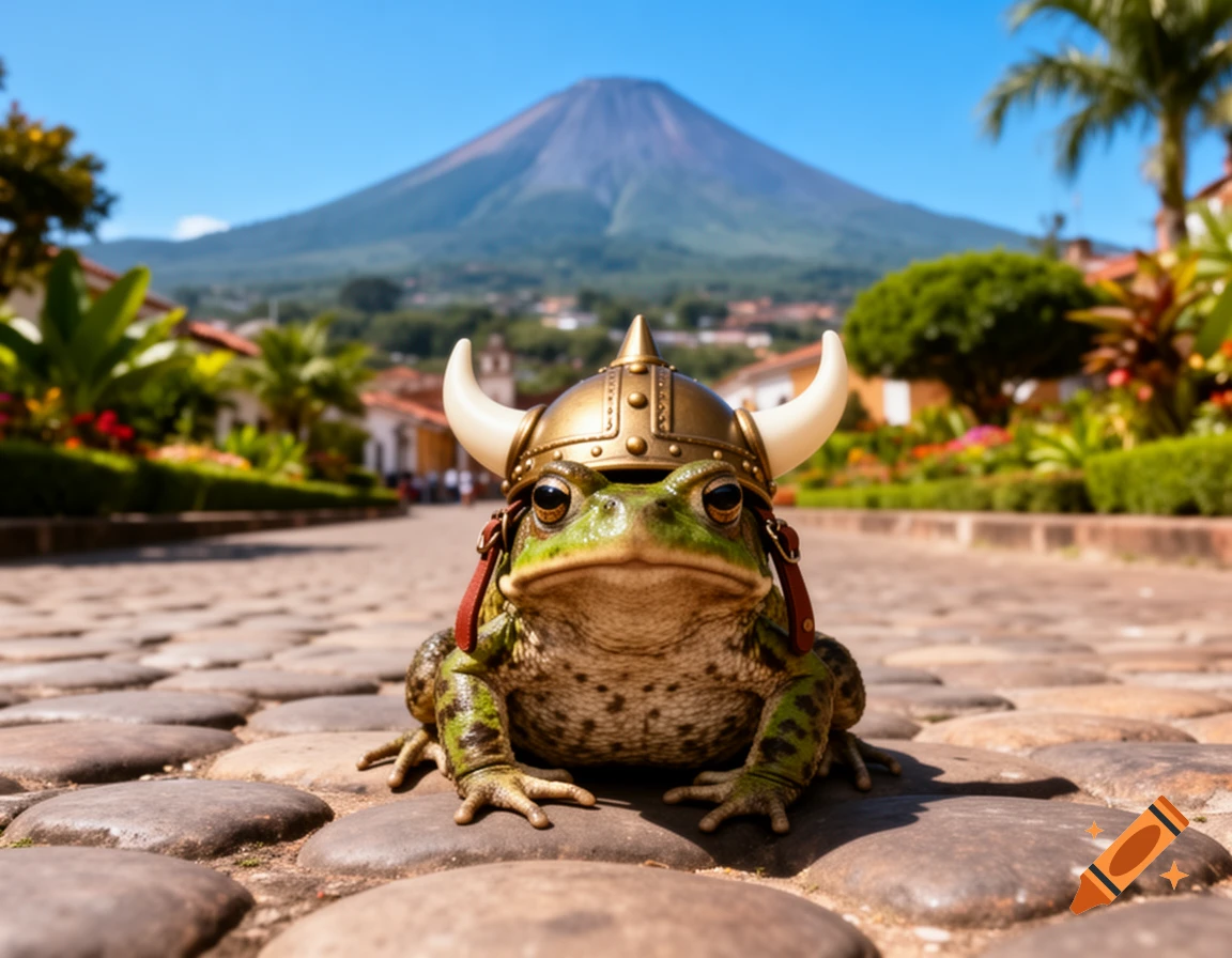 A photorealistic frog wearing a bronze viking helmet sits on a cobblestone street with a large volcano in the background.