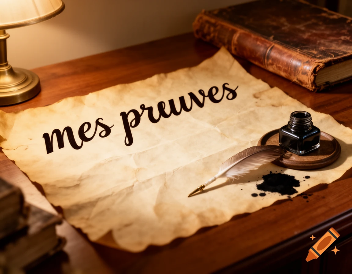 A vintage desk setup features a quill, an inkpot, and old books beside a piece of aged paper with 'mes preuves' written on it.