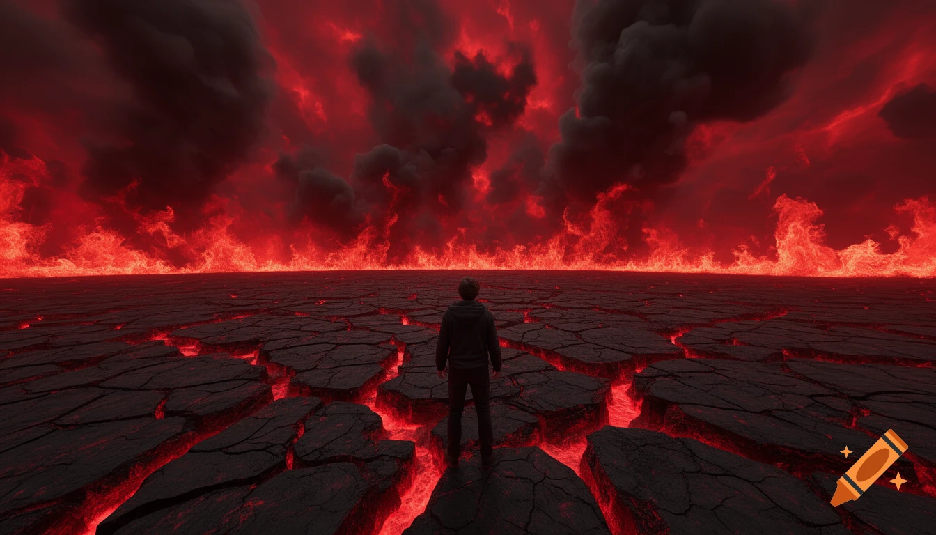 A lone figure stands on cracked earth with glowing lava, facing a fiery red horizon and dark, smoky sky.
