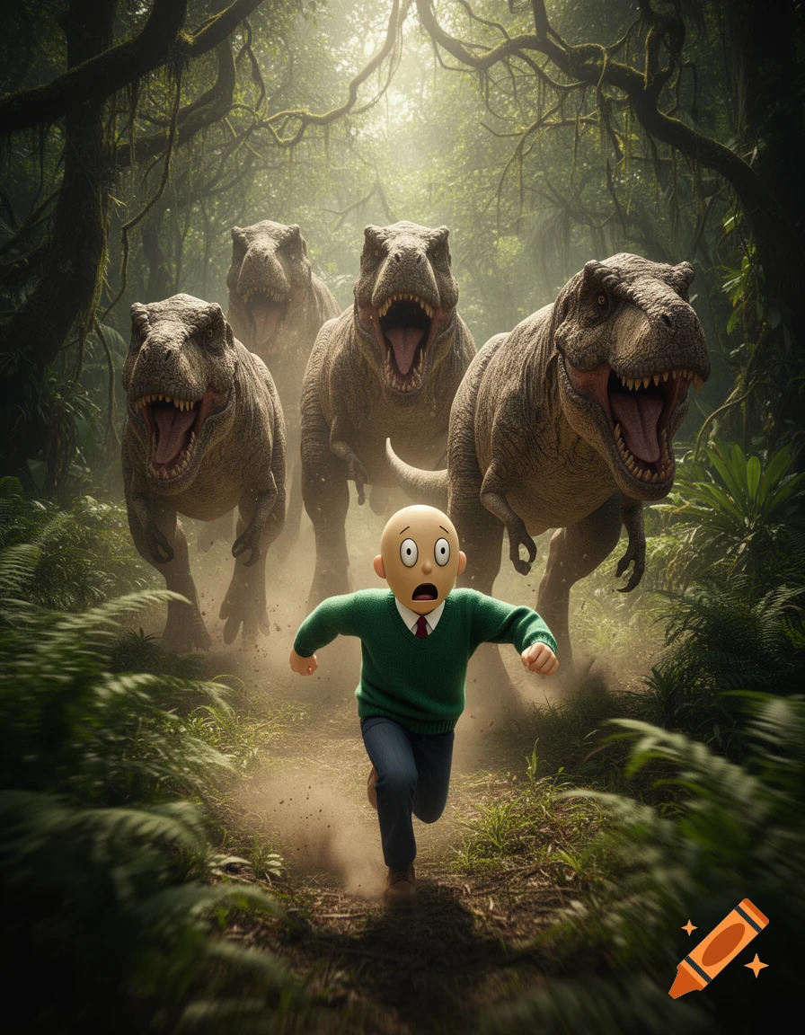 A bald cartoon character in a green sweater runs terrified down a misty jungle path from four roaring T-Rex dinosaurs.