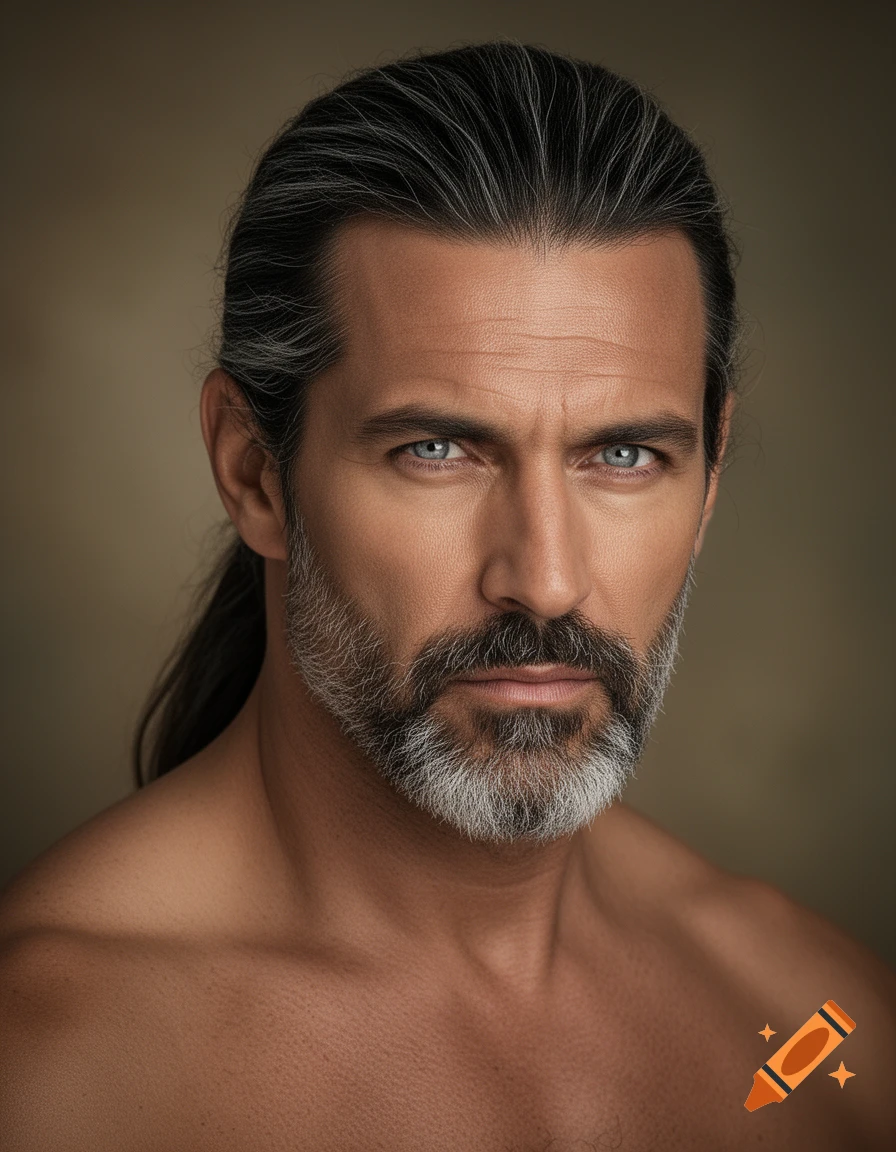 Photorealistic portrait of a rugged man with a grey beard, blue eyes, and long dark hair tied back, showing bare shoulders.