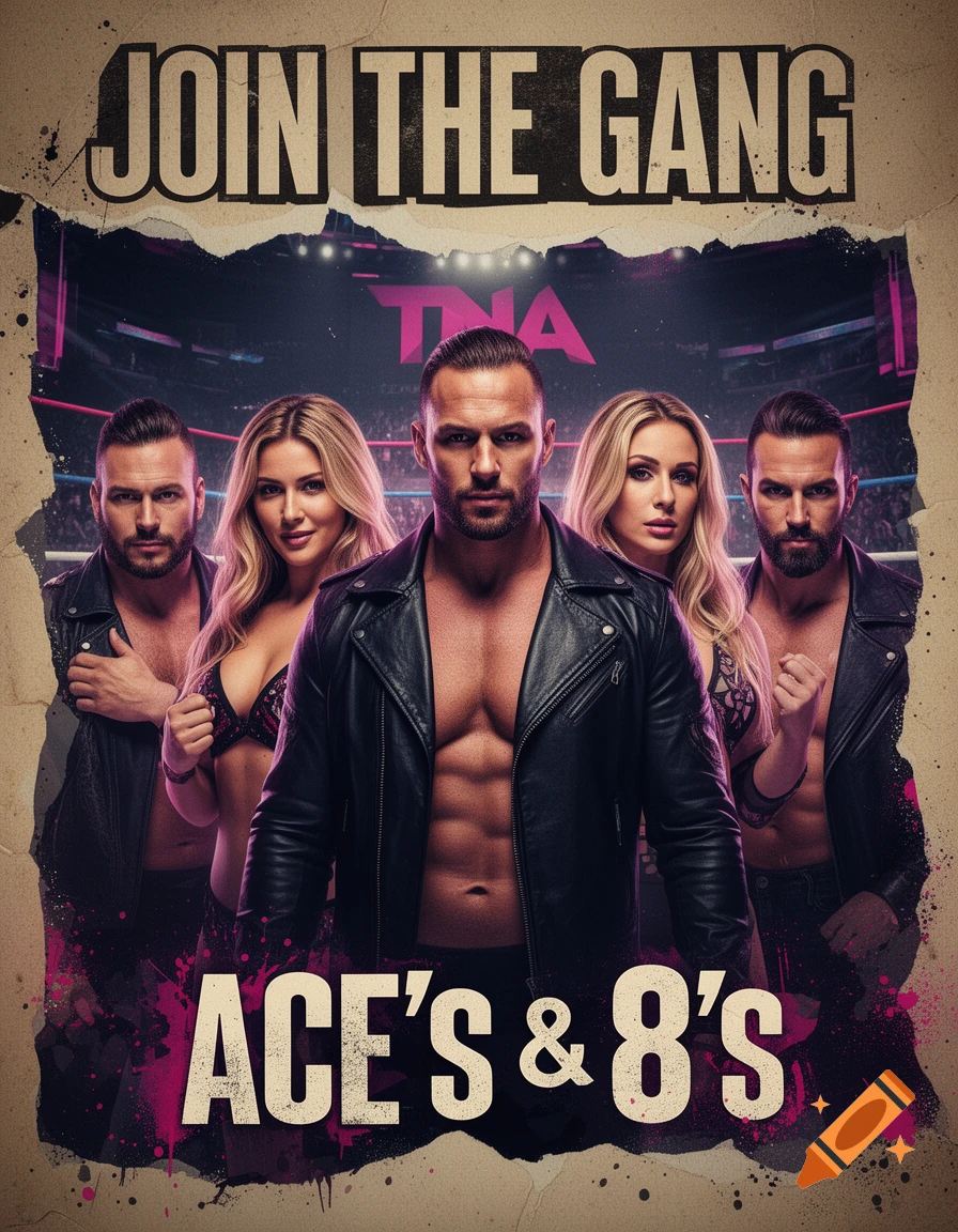 Photorealistic cinematic poster of four wrestlers, two women and two men, in leather jackets with exposed torsos, on a dark, gritty background. Text reads "JOIN THE GANG" and "ACE'S & 8'S" with "TNA" on a banner.