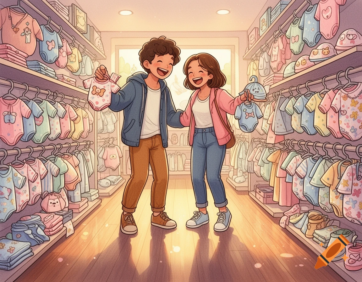 Two happy people shopping for baby clothes in a brightly lit store, cartoon style.
