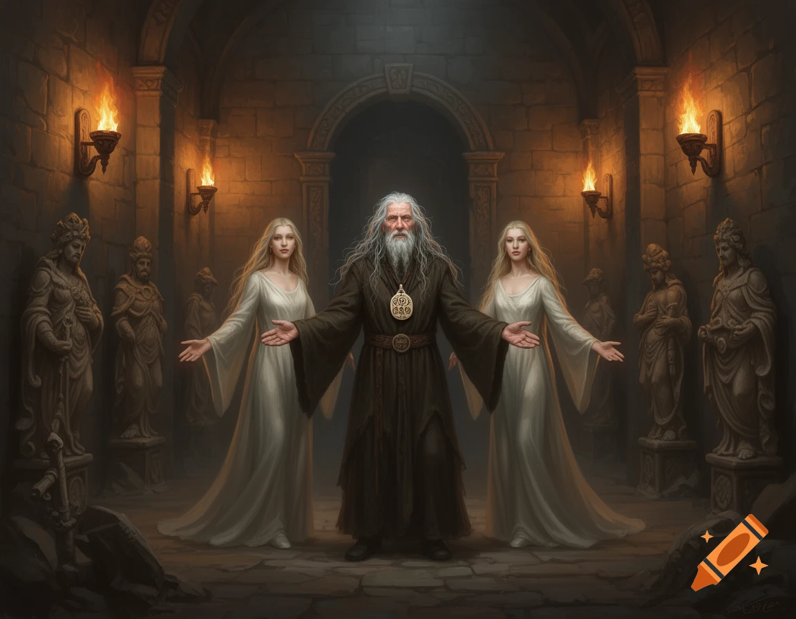 An old man with a long beard and two women in white robes stand with open arms in a torch-lit stone temple with statues.