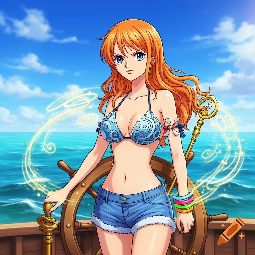 Anime character Nami from One Piece in a blue bikini top and denim shorts on a ship's deck with a steering wheel, bright blue ocean and sky in the background.