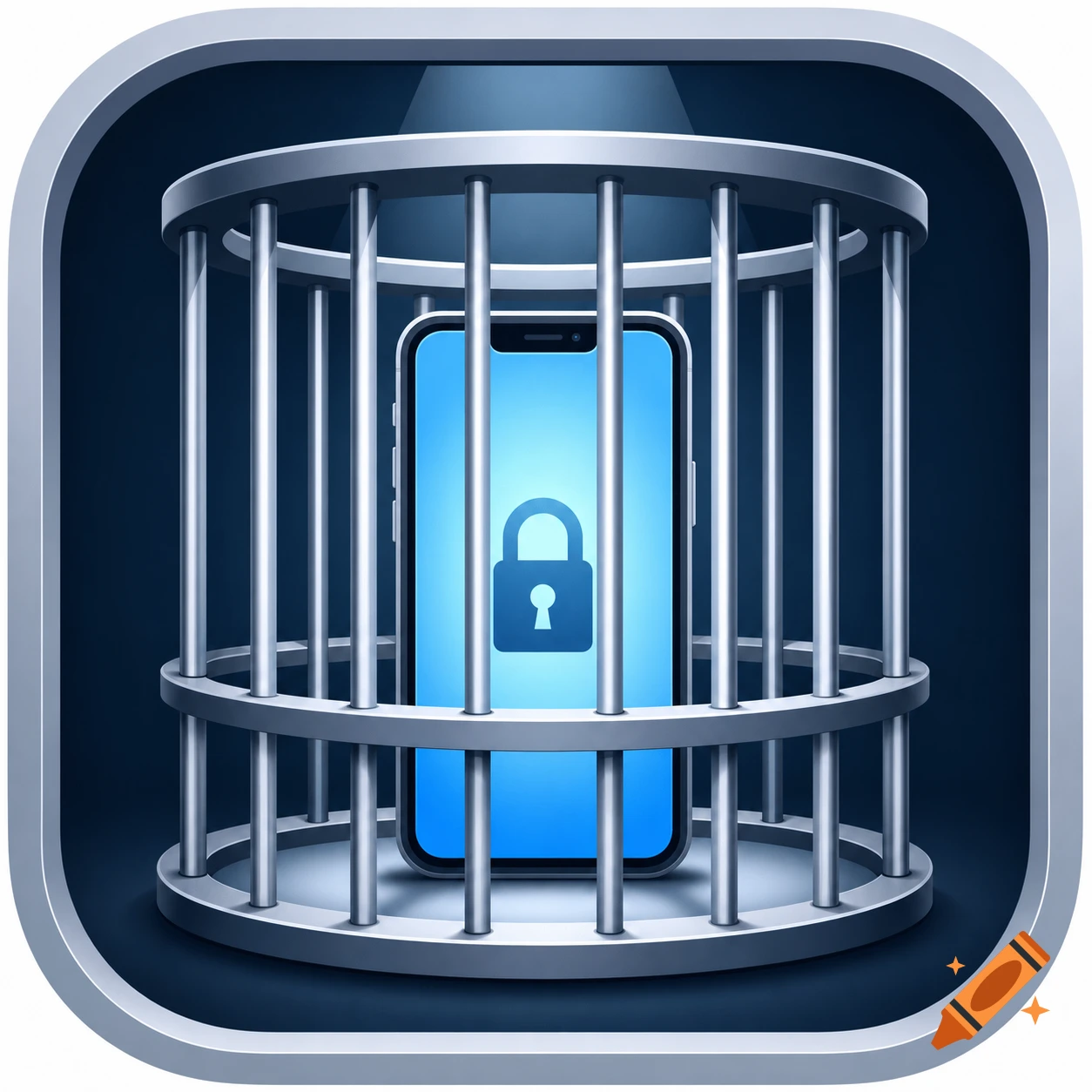 An Android app icon showing a smartphone with a padlock on its screen, enclosed within a metal cage, on a dark background.