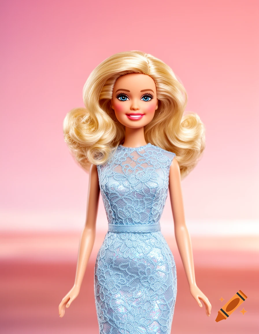 Photorealistic Barbie doll with blonde hair, blue eyes, and a light blue lace dress against a pink background.