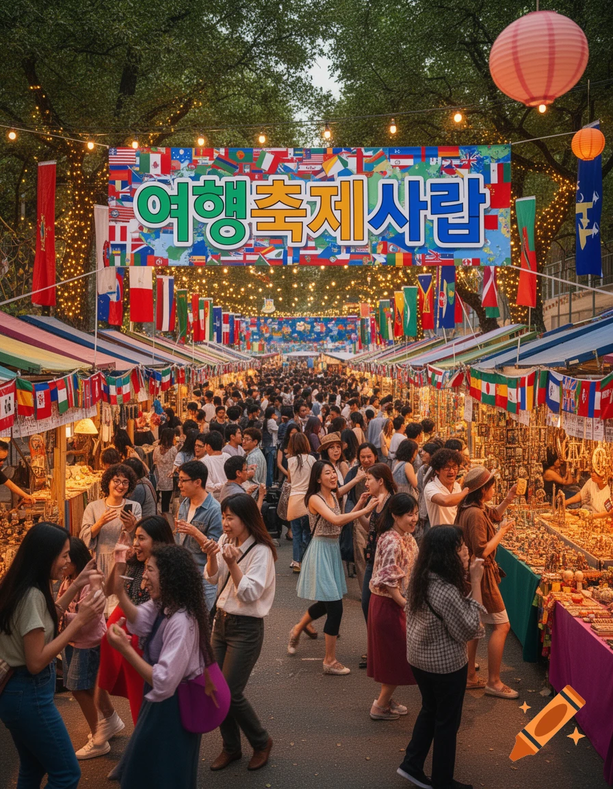 A crowded street festival at dusk, with people browsing stalls under string lights and international flags, a large banner in Korean above.