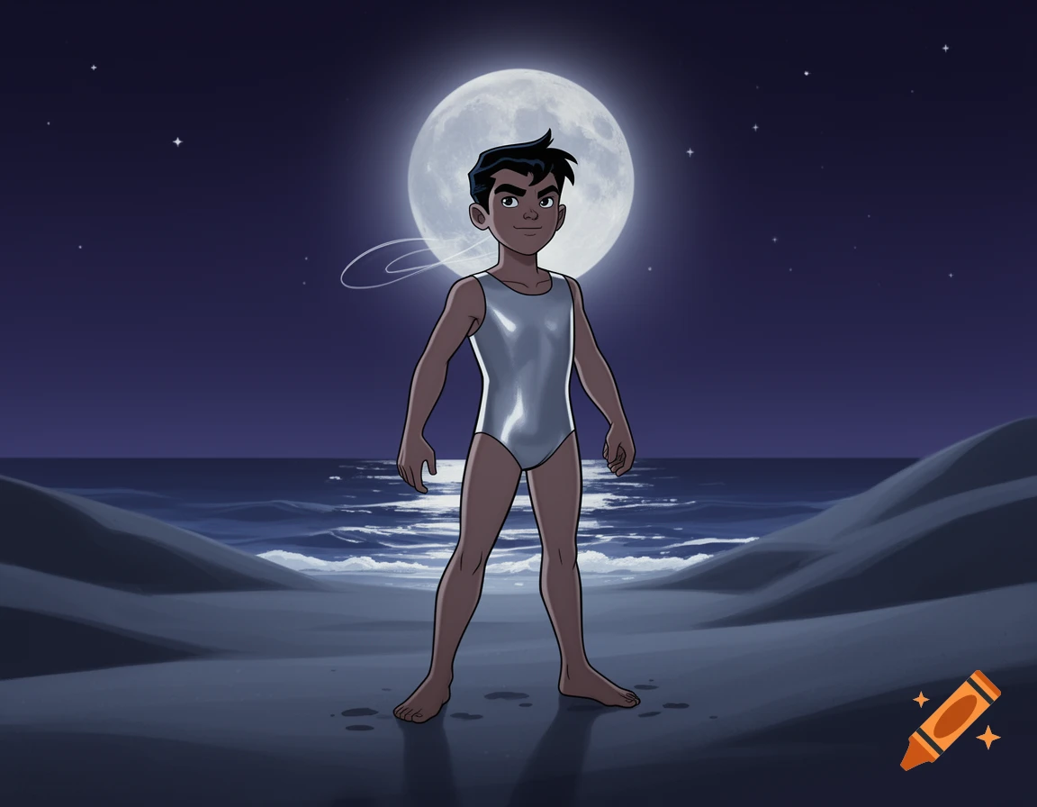 A cartoon boy in a silver swimsuit stands on a dark beach at night, under a large glowing full moon with ocean waves.