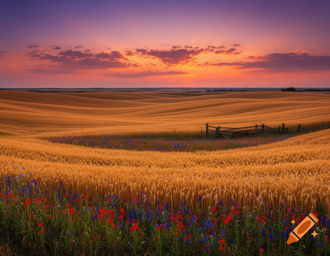 Rolling golden wheat fields and colorful wildflowers under a vibrant purple and orange sunset sky, with a small wooden fence.