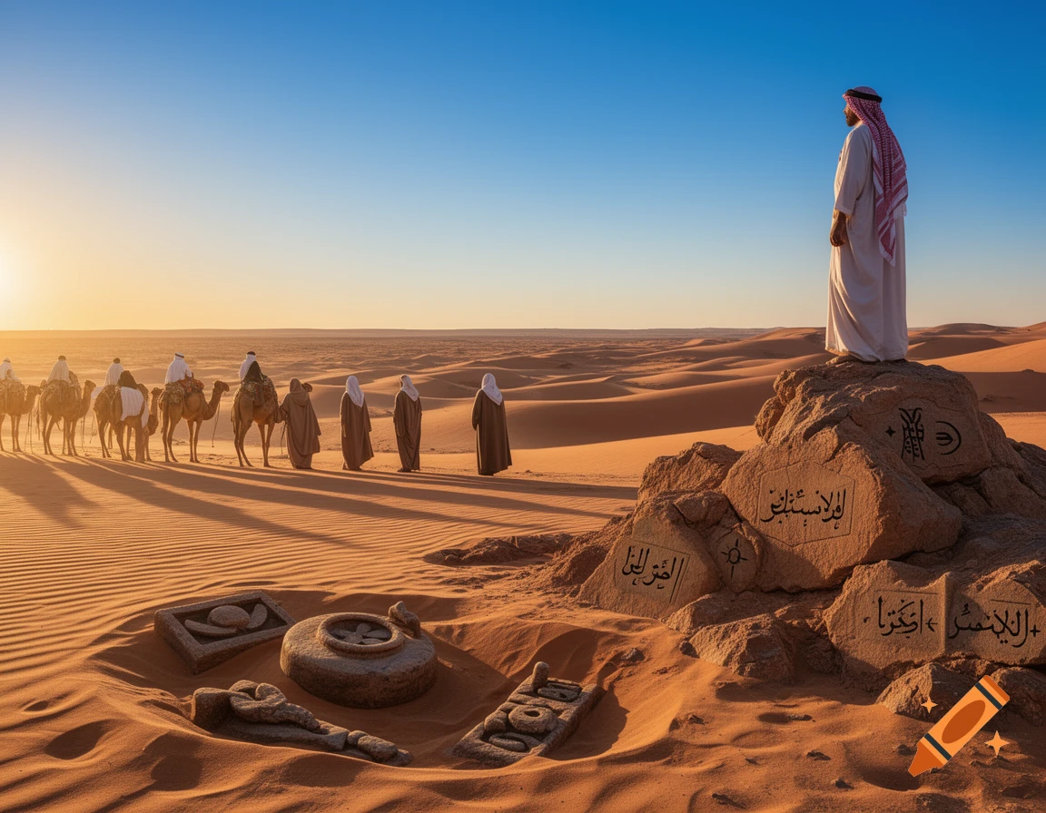 A man in traditional Arab clothing stands on a rock overlooking a vast desert at sunset, with a camel caravan in the background and ancient-looking carved stones in the foreground.
