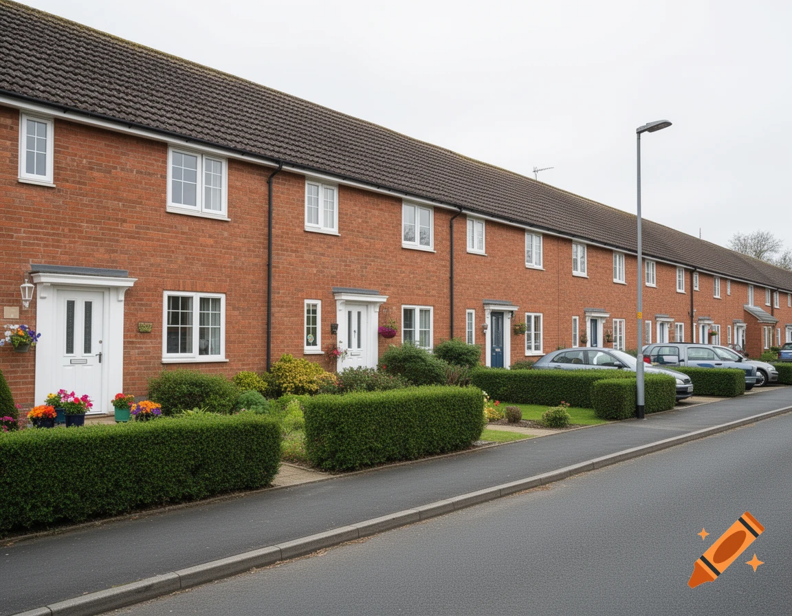 Photorealistic image of a long row of red brick terraced houses with white doors and windows, green hedges, and parked cars.
