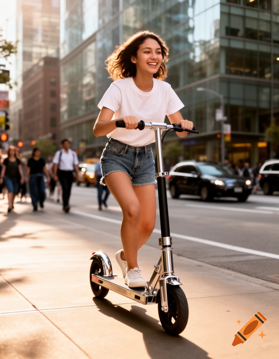 A smiling young woman rides a kick scooter down a sunny city street, with buildings and traffic in the background.