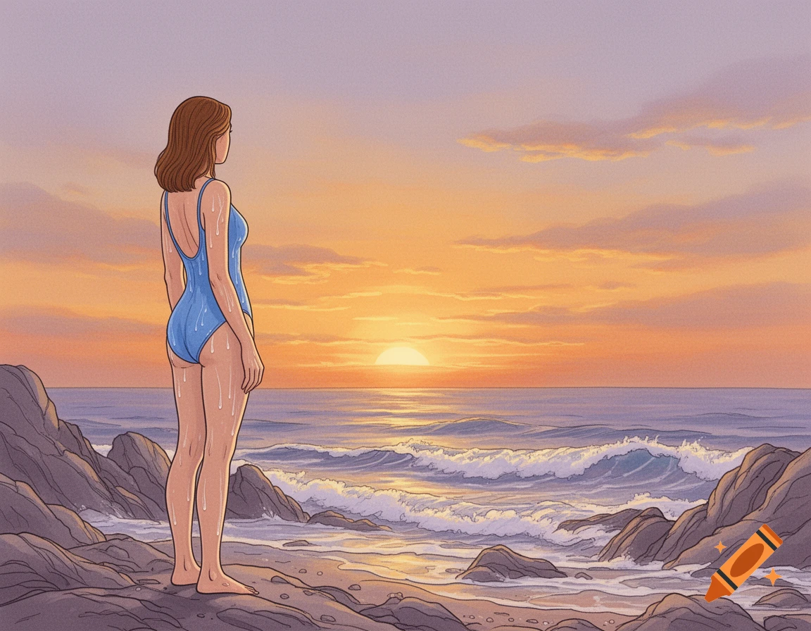 Illustration of a woman in a blue swimsuit on rocks, looking at a golden sunset over the ocean.