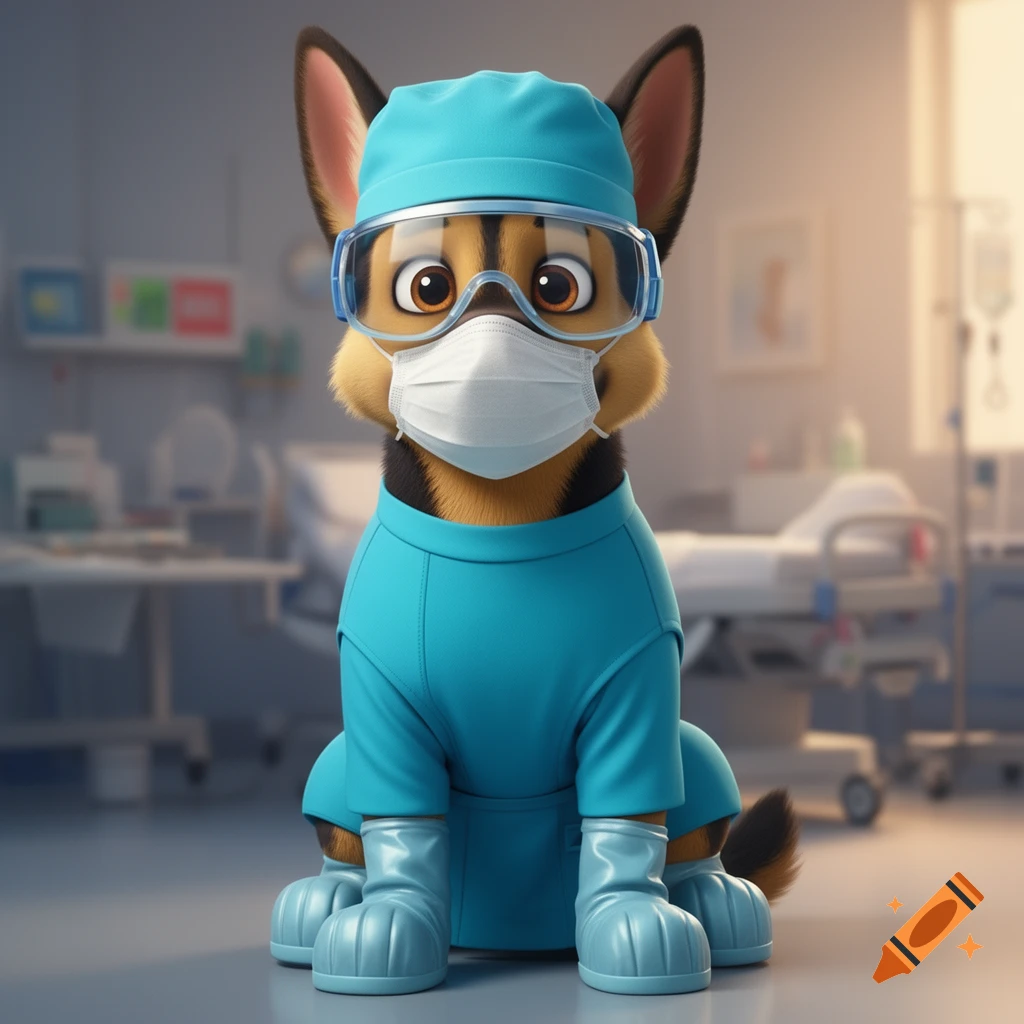 A cute cartoon German Shepherd dog wearing blue surgical scrubs, a face mask, and goggles, sitting in a hospital.