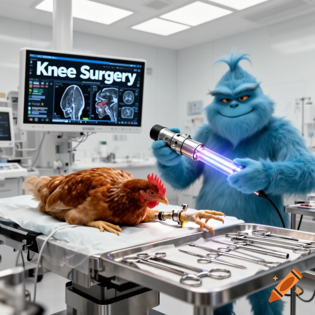 A blue furry creature resembling the Grinch holds a laser gun over a chicken on an operating table, with a 'Knee Surgery' monitor in the background.