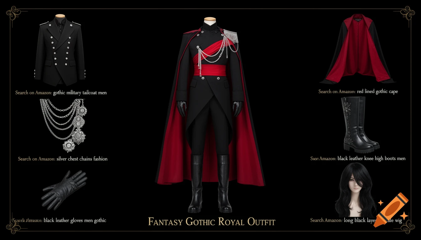 A fashion board displaying a complete gothic vampire prince outfit on a mannequin, with individual clothing pieces and Amazon search terms on a black background. Featured items include a black military tailcoat, a red-lined cape, silver chest chains, black leather boots, gloves, and a long black wig. The main outfit is labeled "FANTASY GOTHIC ROYAL OUTFIT".