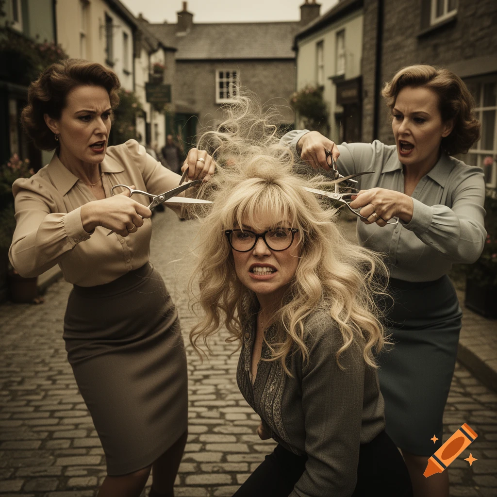 Two enraged women in vintage clothing aggressively cut the messy blonde hair of a third woman with glasses, who grimaces in defiance on a cobblestone street in a village.