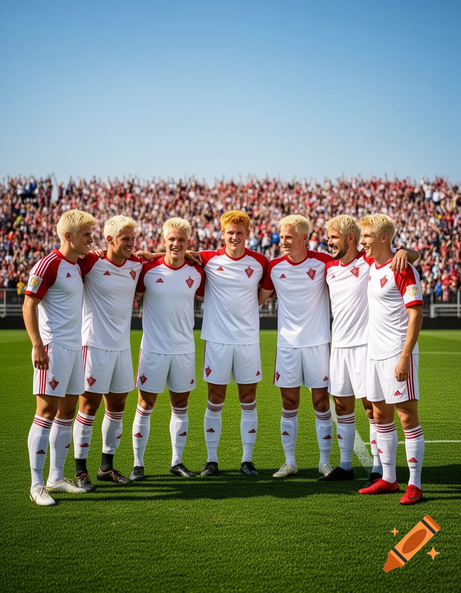 A lineup of seven male soccer players with blonde and red hair, wearing white and red uniforms, standing arm-in-arm on a green field in front of a stadium crowd under a clear blue sky.