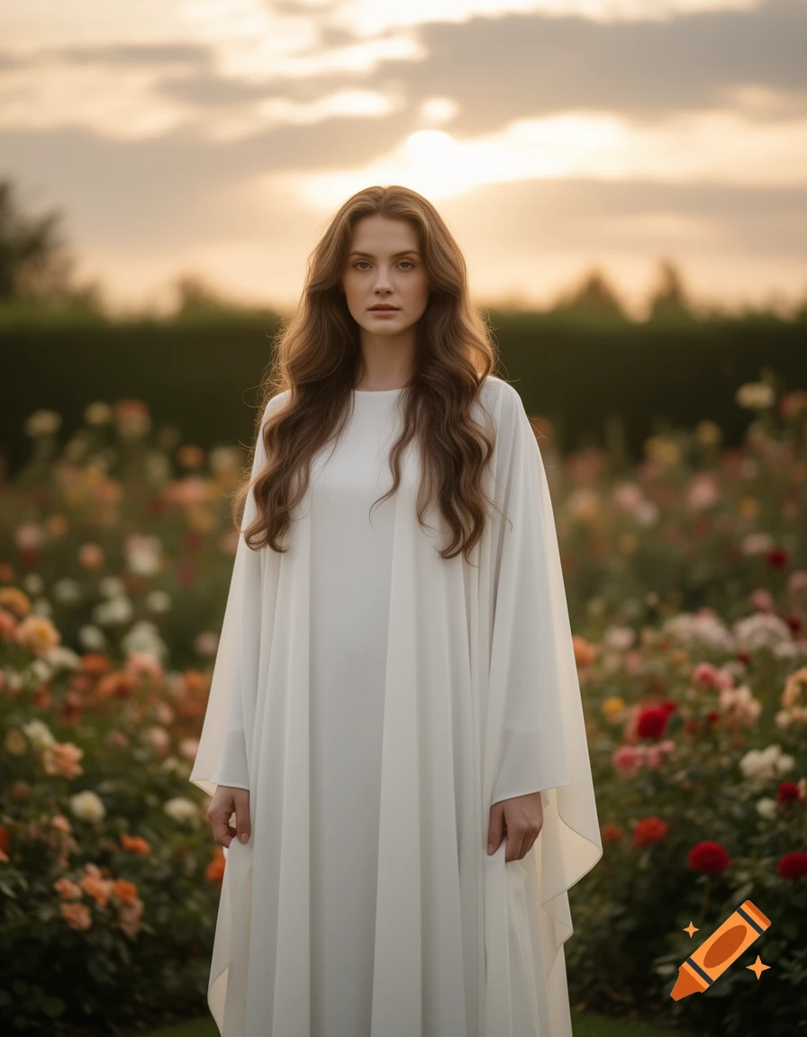 Photorealistic portrait of a woman with long brunette hair in a white robe, standing in a vibrant rose garden at sunset.