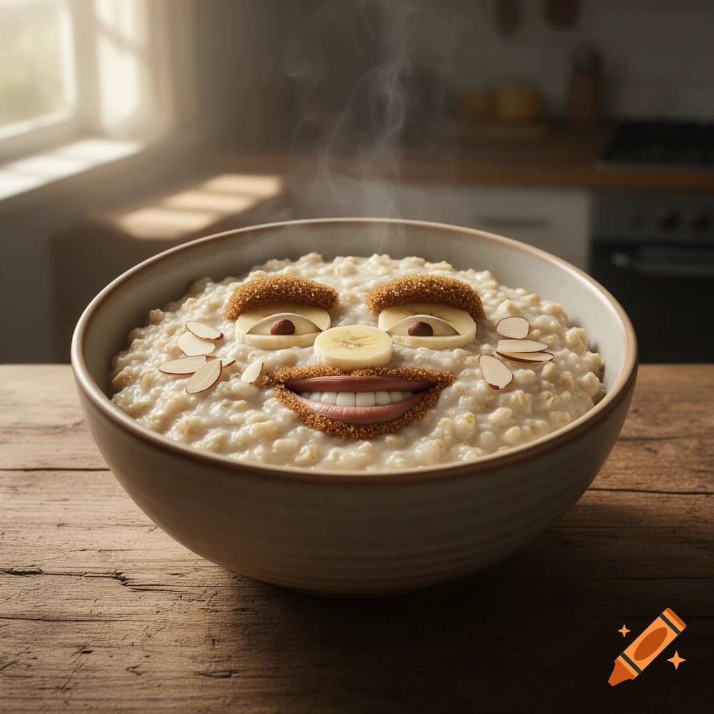 Smiling face made of banana, nuts, and brown sugar in a steaming bowl of oatmeal on a rustic wooden table.