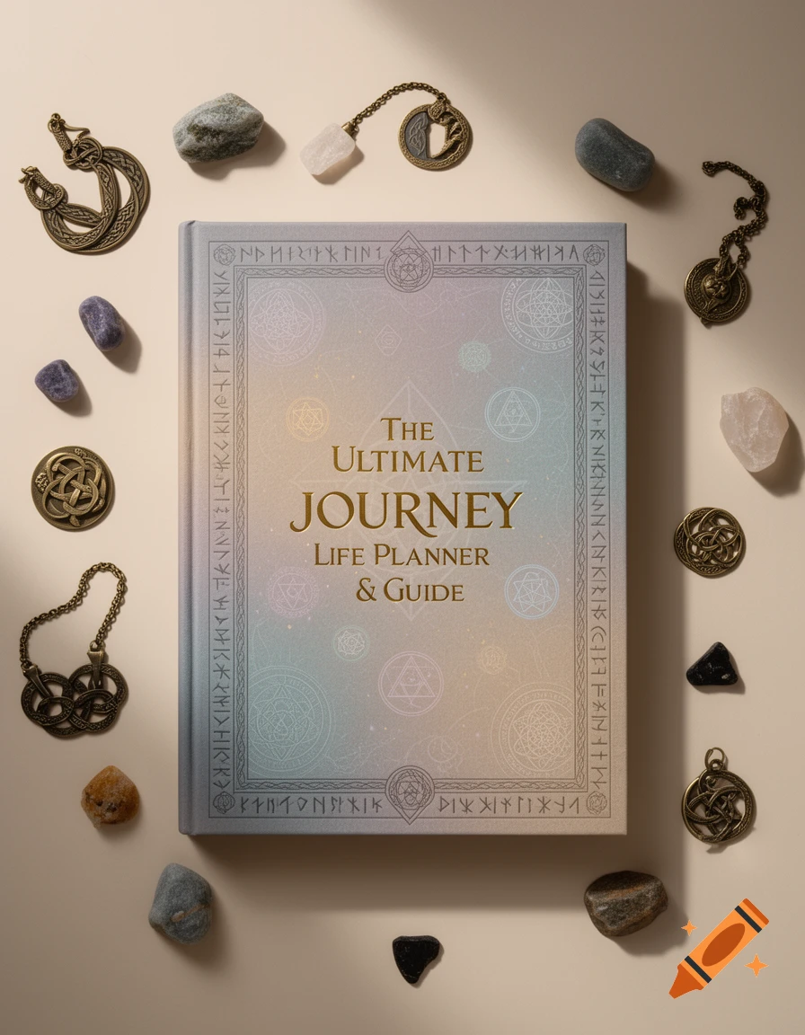 Overhead view of a spiritual life planner book titled 'The Ultimate Journey' surrounded by various crystals and Nordic-themed charms.