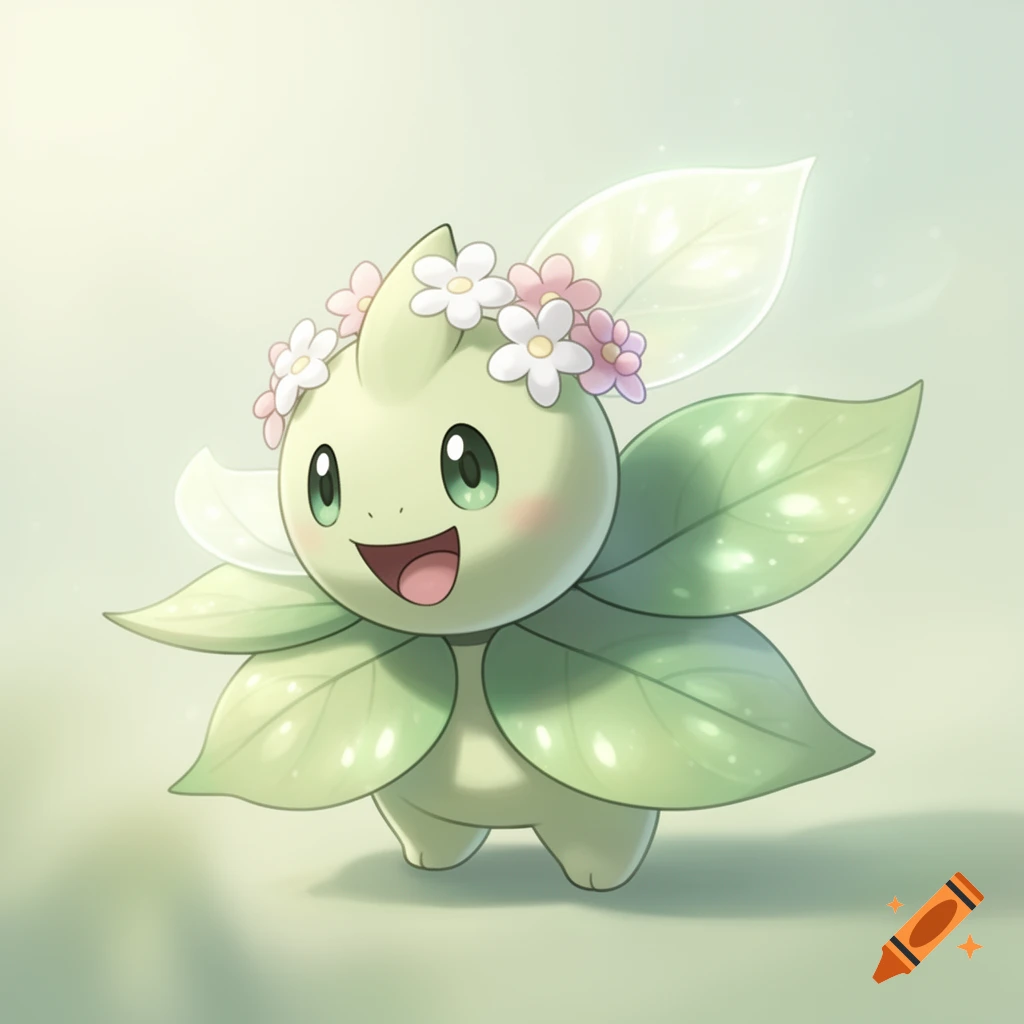 A small, happy, light green, plant-like creature with a flower crown and large leaves, in a soft illustration style.