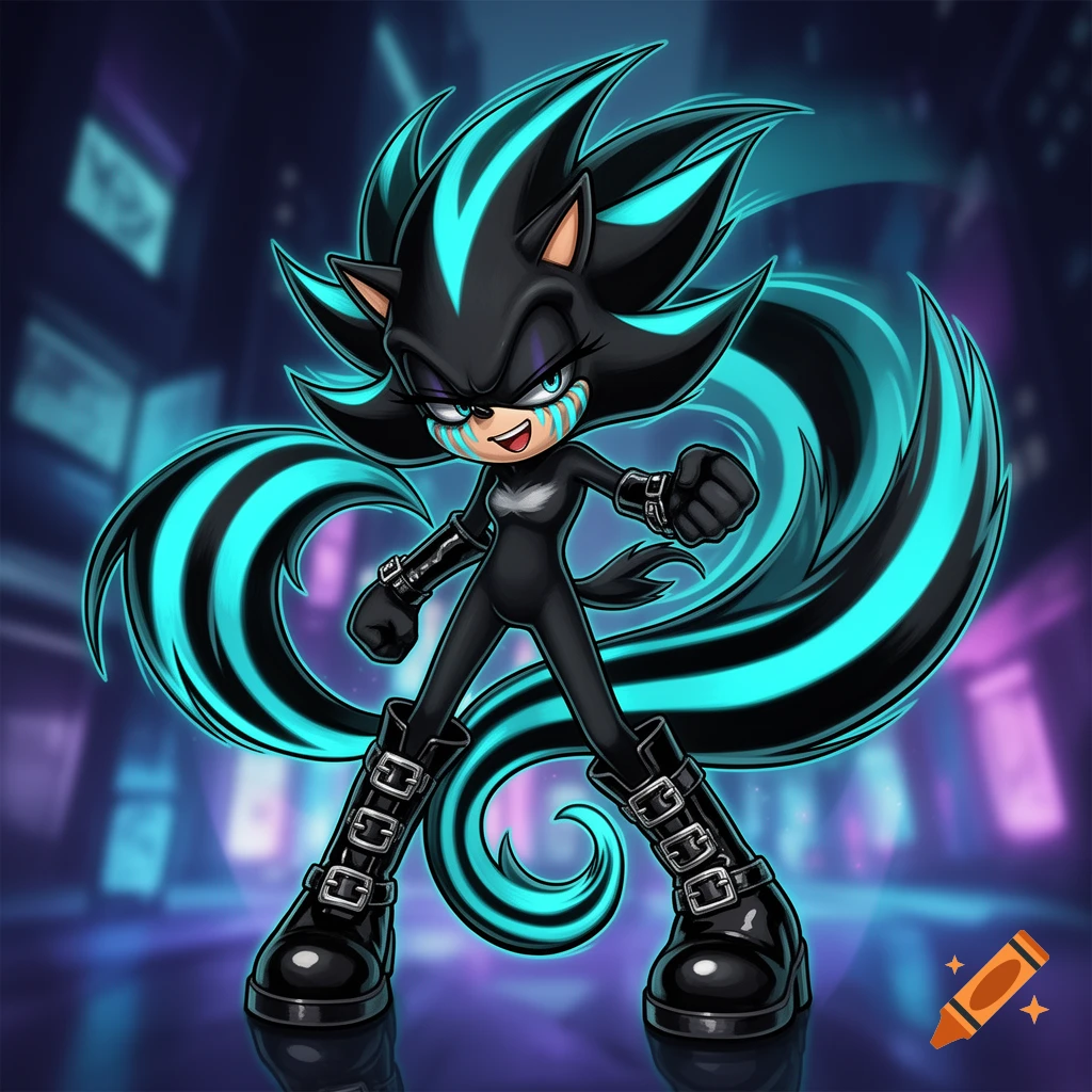 Black Sonic-like hedgehog character with cyan stripes, spiky hair, emo makeup, and buckled boots stands in a neon city.