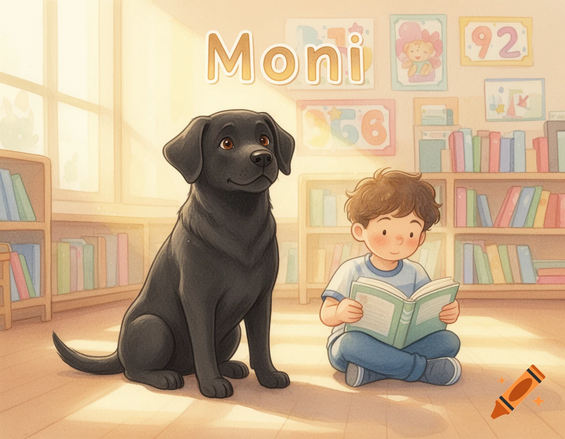 Watercolor illustration of a black Labrador named Moni sitting beside a child reading a book in a warm library.