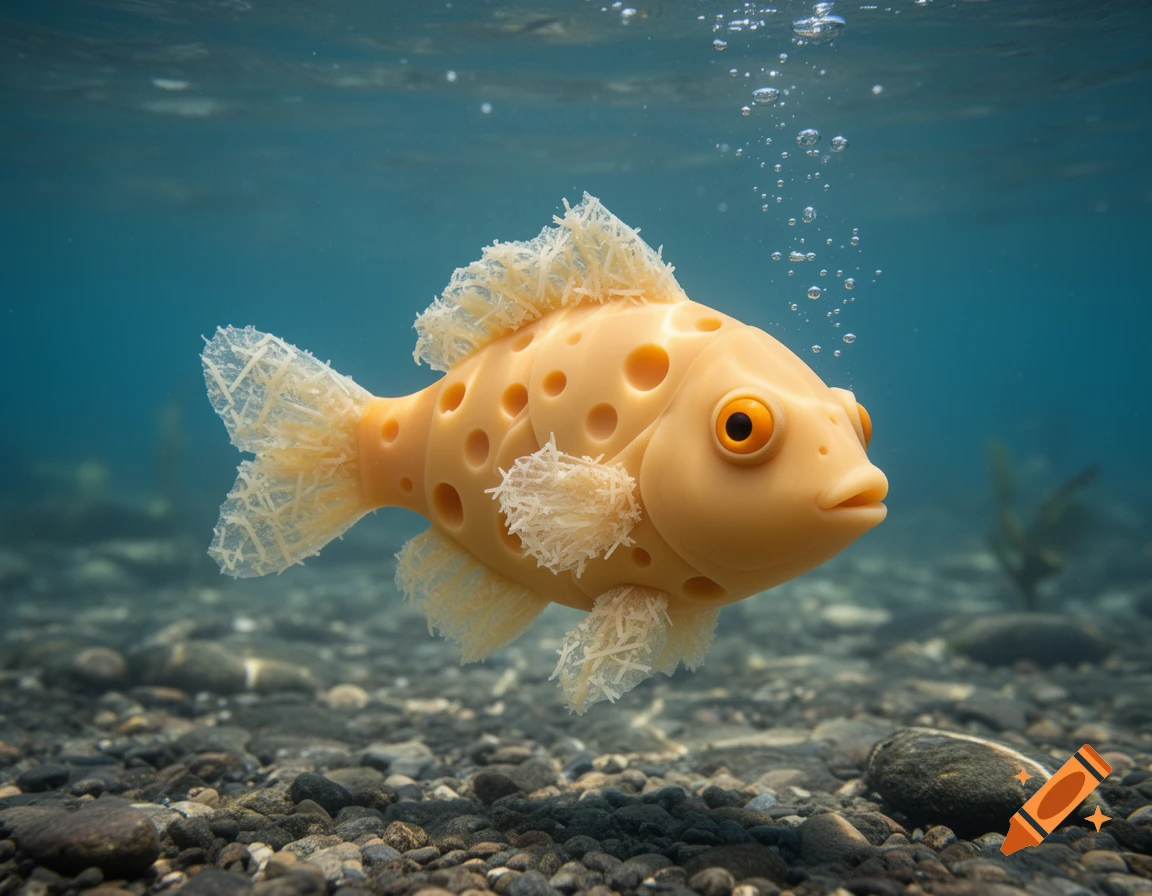 A photorealistic, surreal cheese fish with holes and shredded fins swims in clear blue water above a rocky seabed, with bubbles.