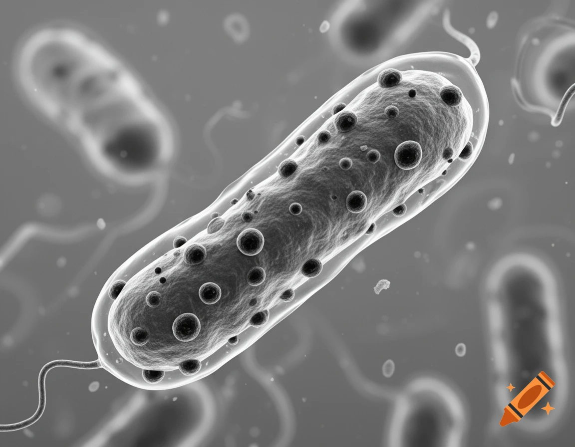 A grayscale microscopic view of an elongated bacterium with a transparent outer layer and dark circular markers inside.
