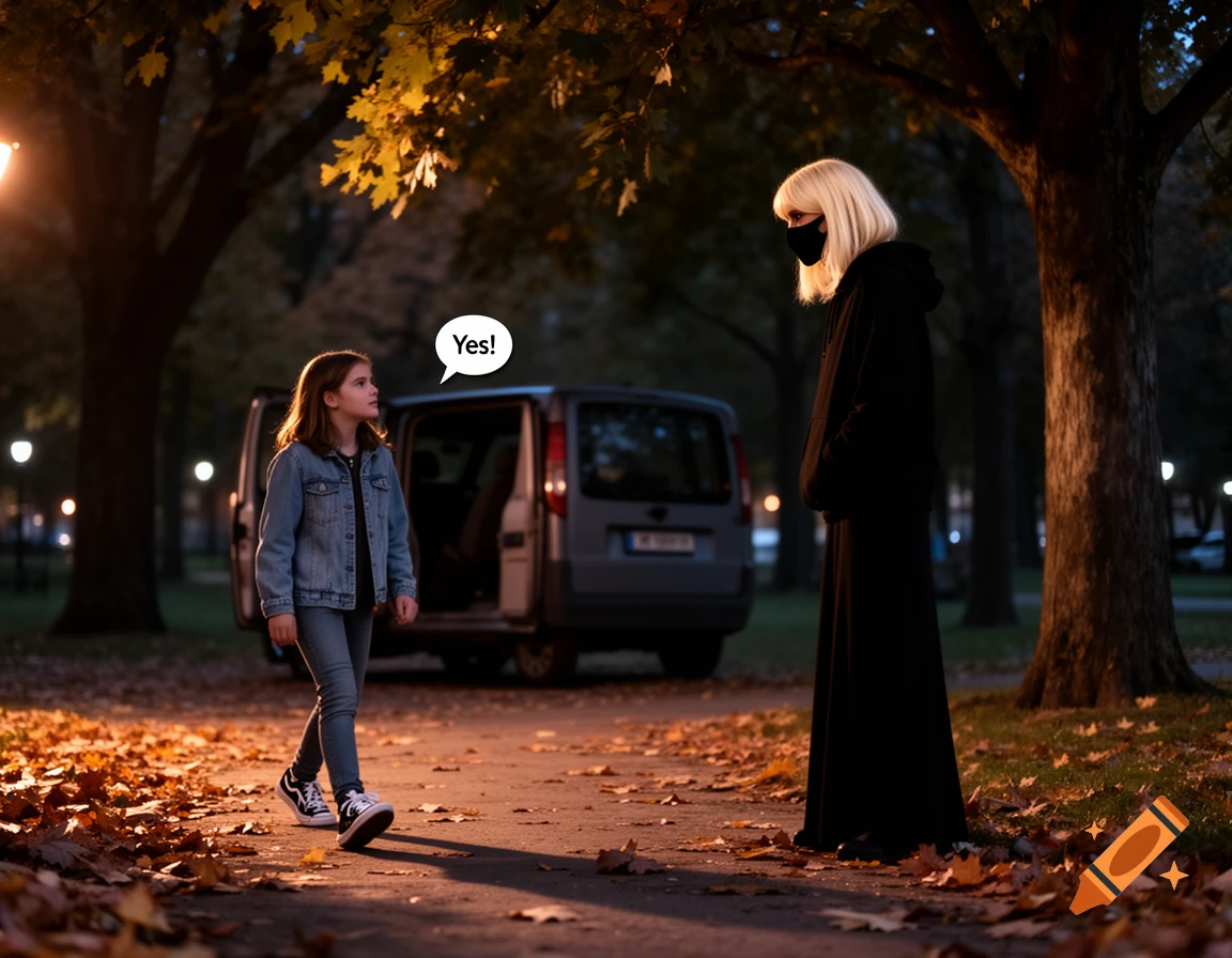 A young girl with a speech bubble saying 'Yes!' approaches a masked woman in a park at night, with a van nearby.