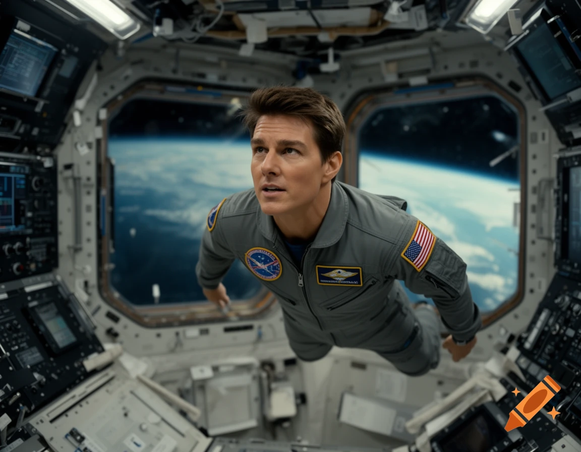 Tom Cruise floats in a grey astronaut suit inside a space station, looking up with Earth visible through a window.