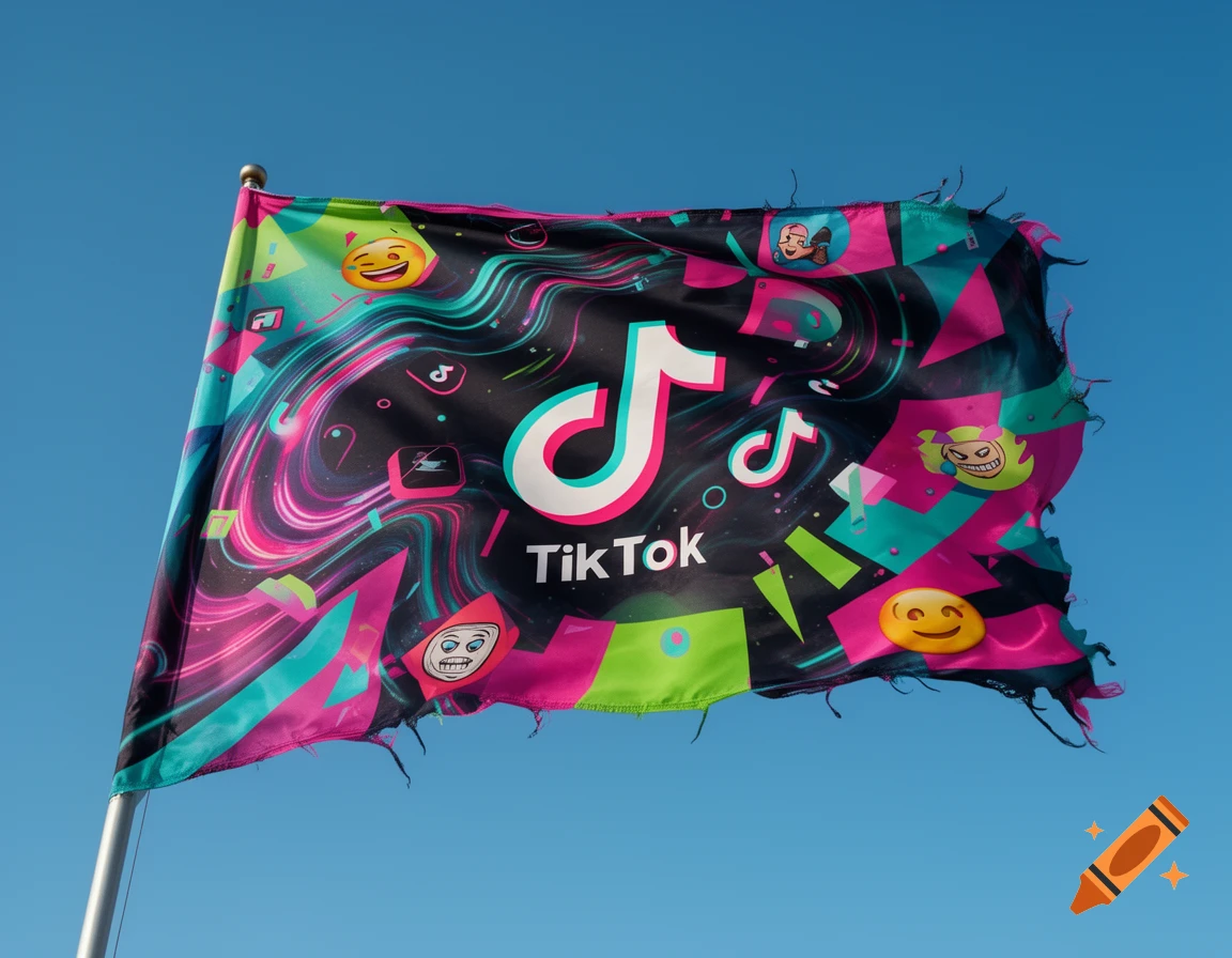 A vibrant, tattered flag featuring the TikTok logo, colorful abstract patterns, and various emojis, flying against a clear blue sky.