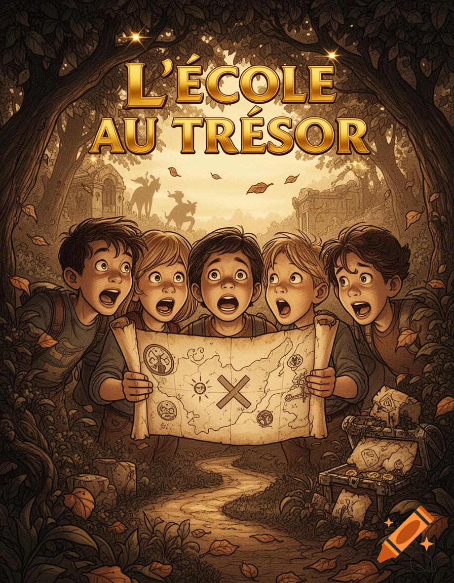 Five children look with awe at a treasure map in a dark, mysterious forest, with the golden title 'L'ÉCOLE AU TRÉSOR' above.