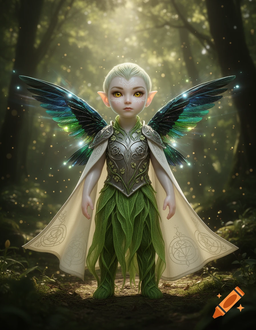 Ultra-realistic portrait of a tiny fey cleric with metallic hummingbird wings, ornate armor, and leaf garments, standing in an enchanted forest.