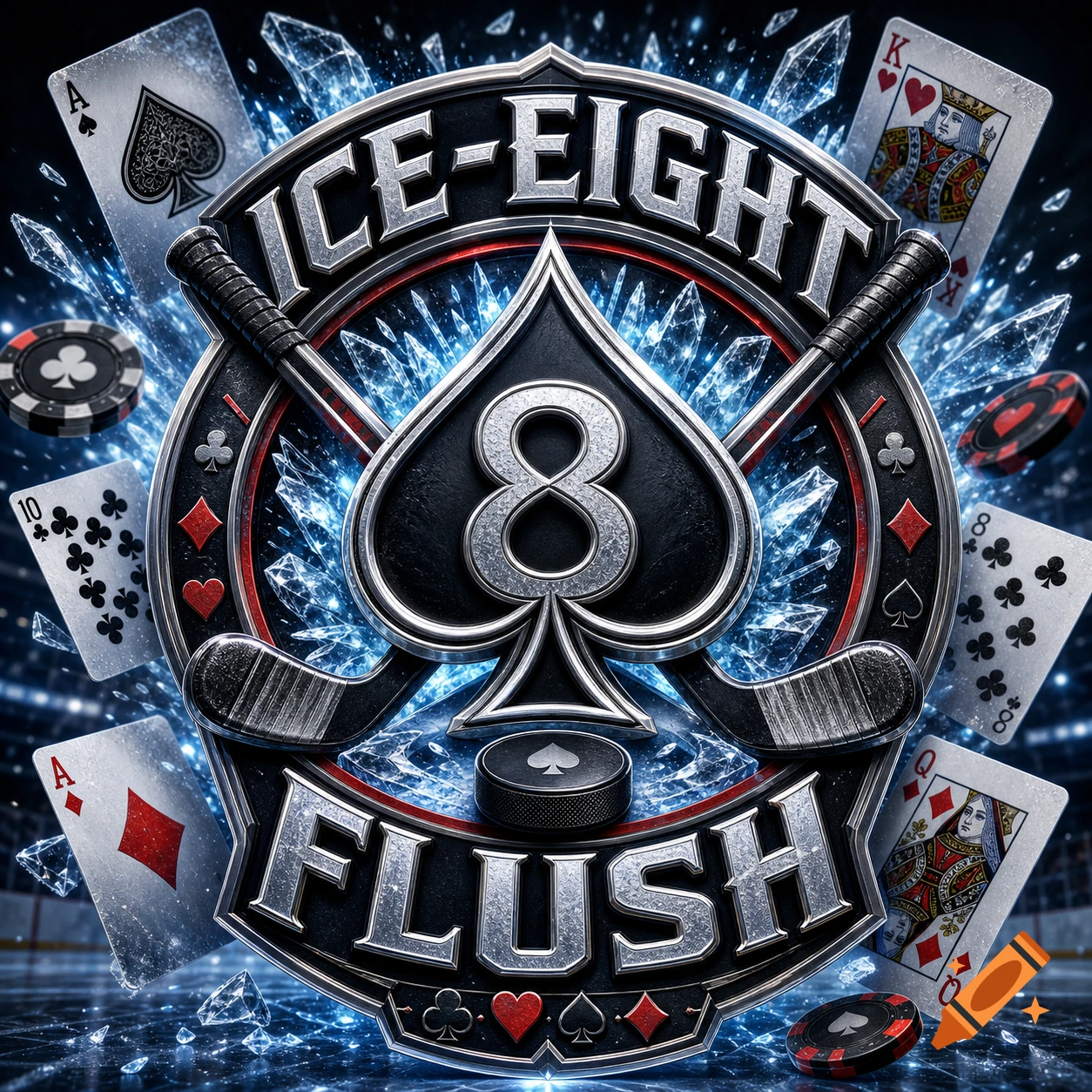 Metallic 'ICE-EIGHT FLUSH' logo with a spade, '8', crossed hockey sticks, poker cards, chips, and sparkling ice in an arena.